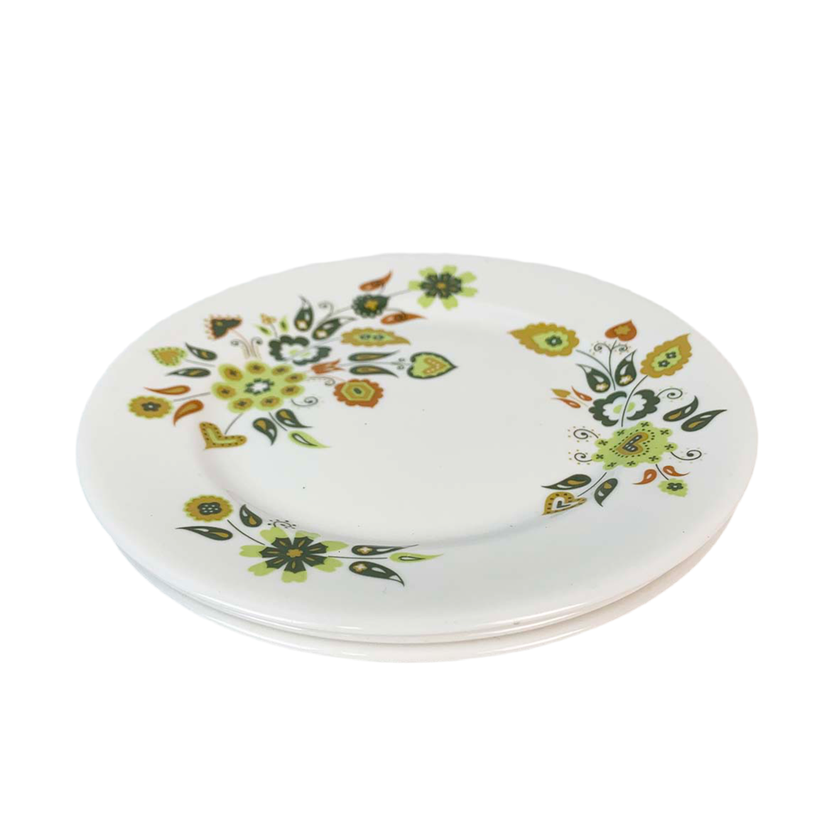 Retro Green and Yellow Floral Teacups, Saucers and Side Plates Set