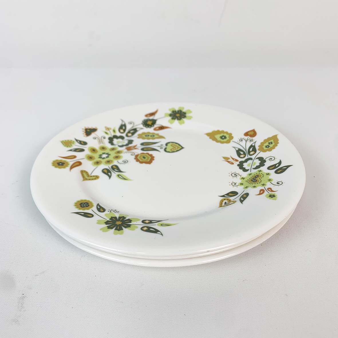 Retro Green and Yellow Floral Teacups, Saucers and Side Plates Set