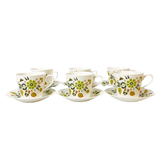 Retro Green and Yellow Floral Teacups, Saucers and Side Plates Set