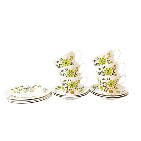 Retro Green and Yellow Floral Teacups, Saucers and Side Plates Set
