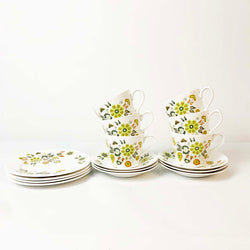 Retro Green and Yellow Floral Teacups, Saucers and Side Plates Set