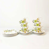 Retro Green and Yellow Floral Teacups, Saucers and Side Plates Set