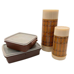 Brown Checkered Thermos & Tupperware Set