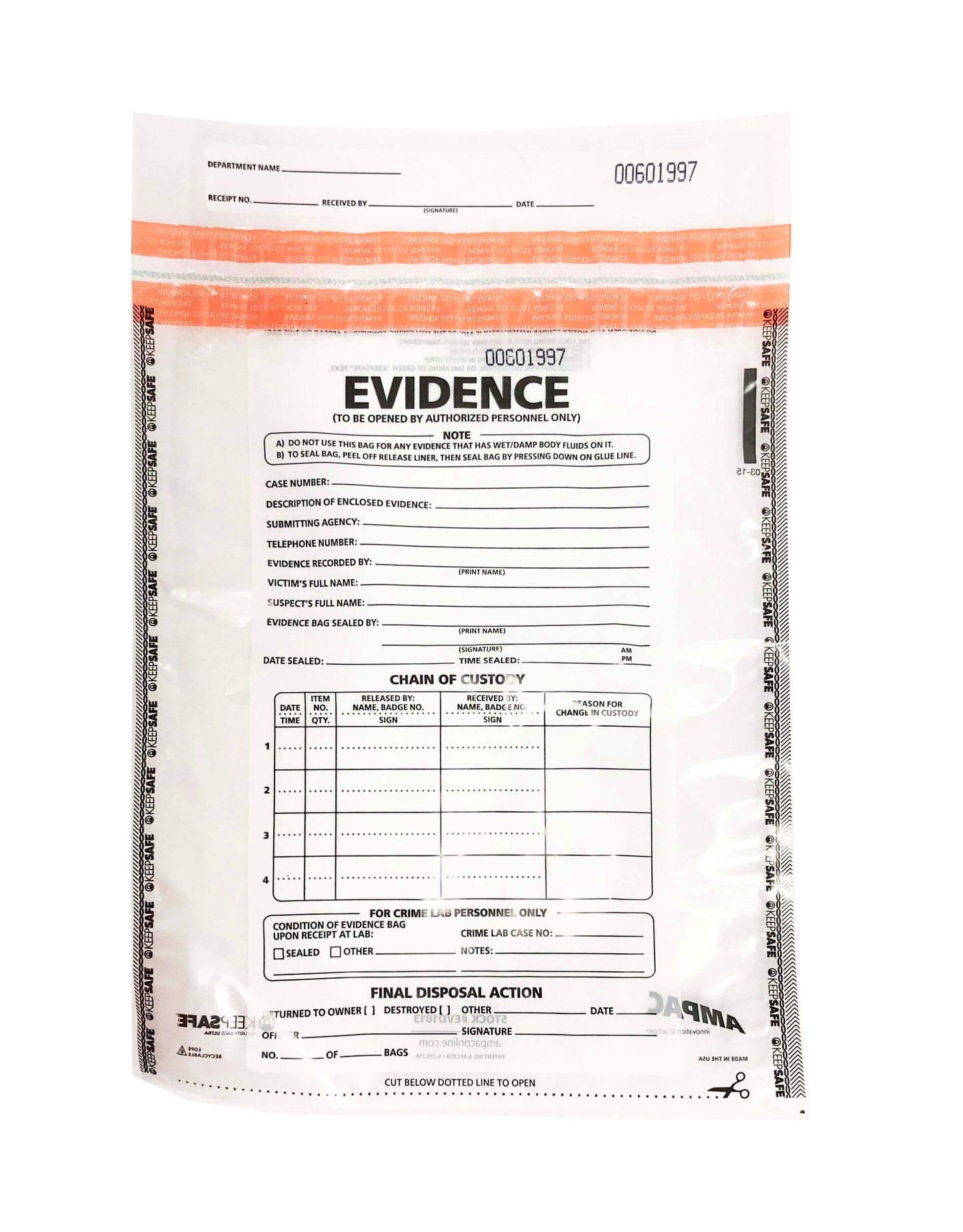 Evidence Bags - Orange (Various Sizes) - Price is for 5